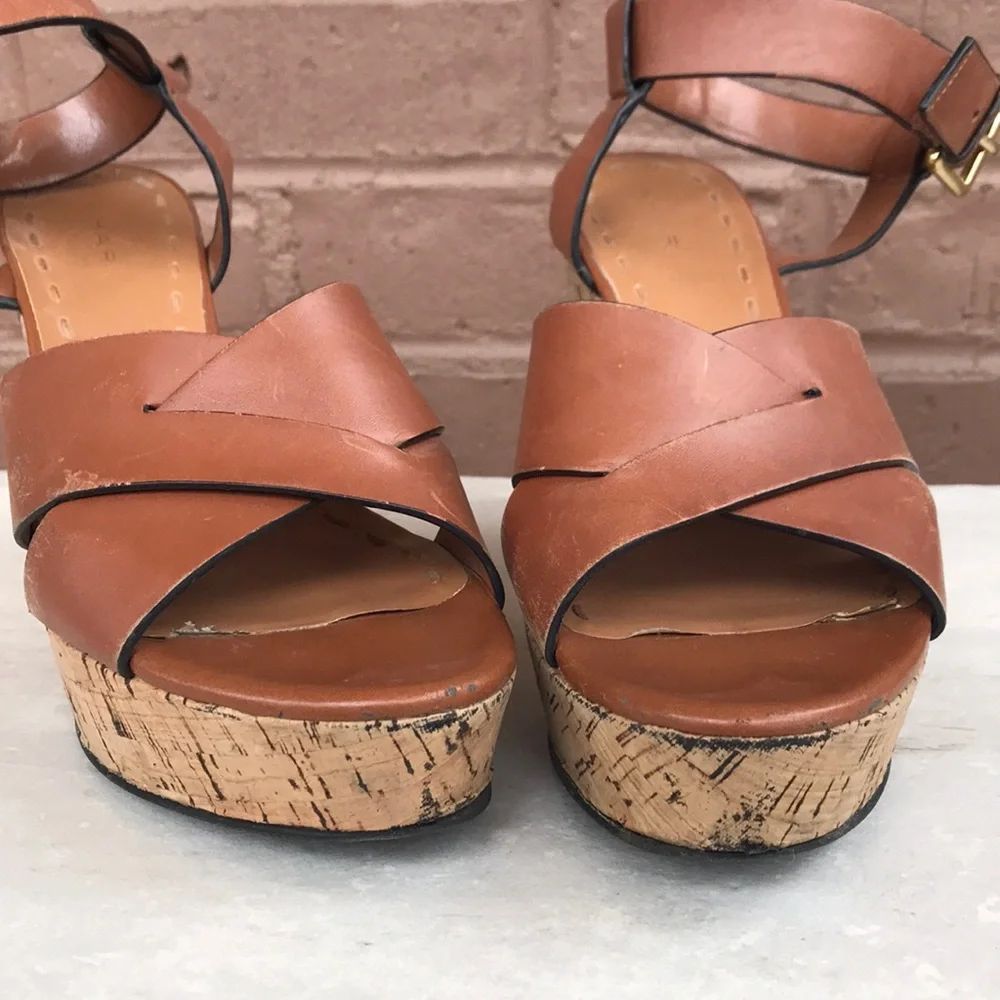 Tahari Tan Leather Cork Platform Wedge Sandals